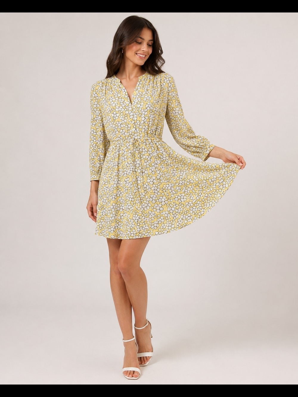 Womens Yellow Floral Long Sleeve VNeck Button Down Fit & Flare Mini Dress Size S